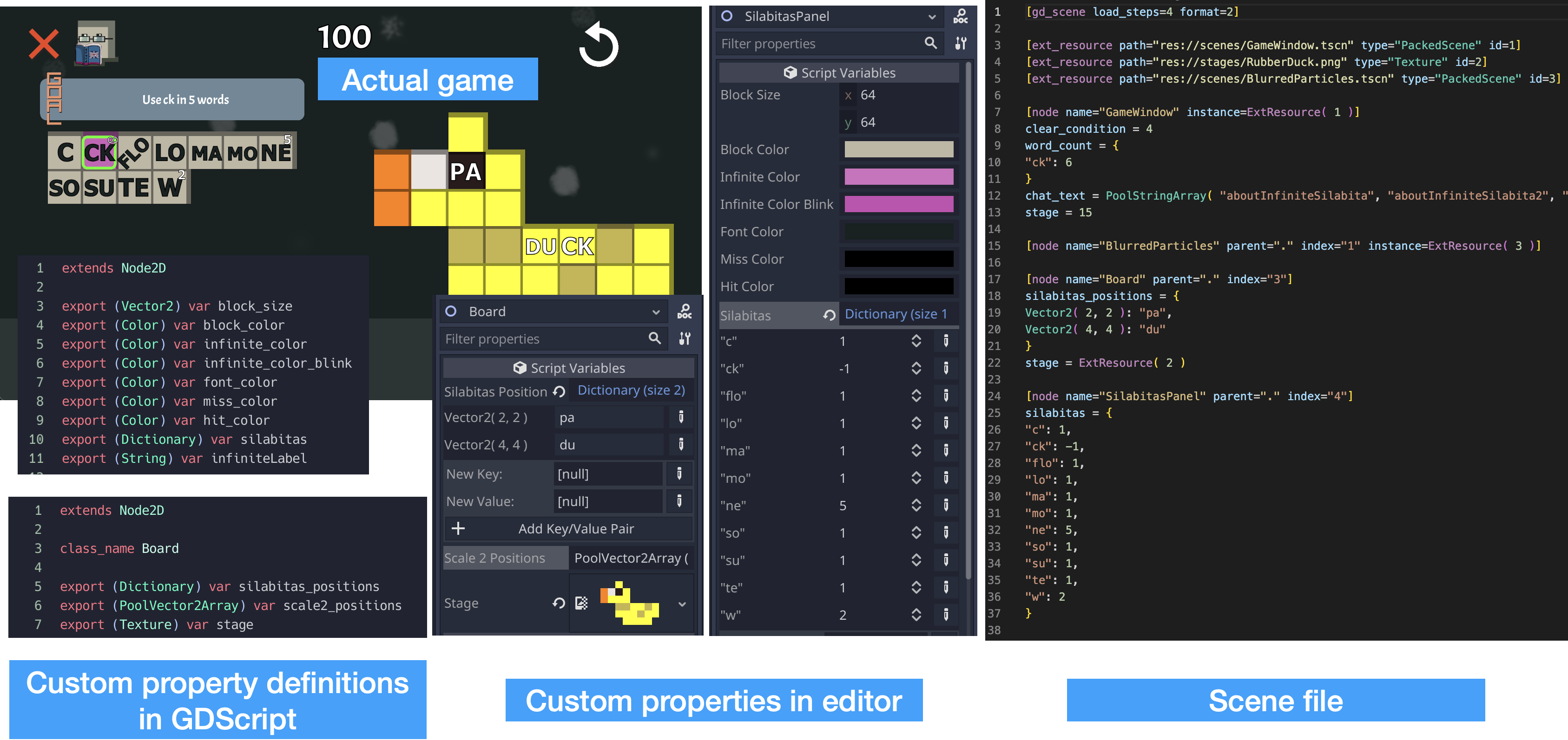 Example definition of custom properties in Godot, for Syllabits