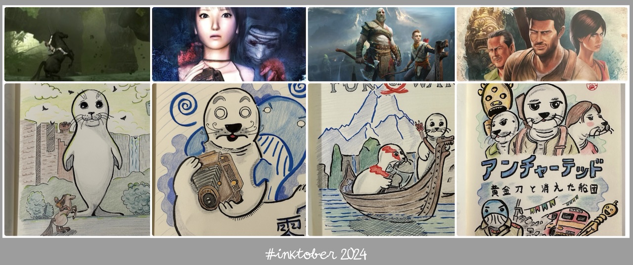 Some drawings of seals mimicking famous video game covers